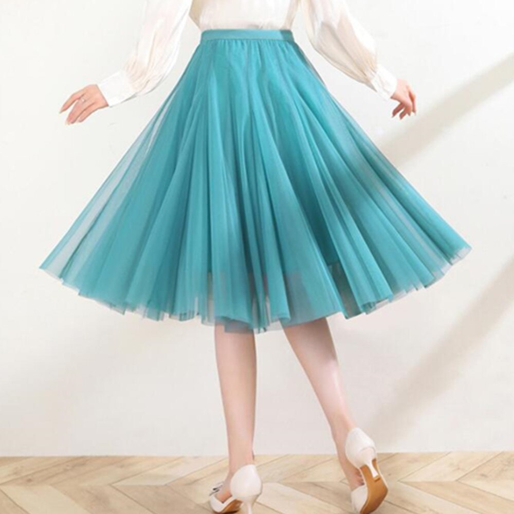 Long Mesh Women Tutu Midi Skirt High Waist Soft Pleated Tulle Skirt Puffy Pettiskirt