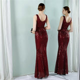 Women Deep V Neck Burgundy Sequin Long Prom Evening Dress Sexy Party Maxi Dress