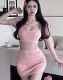 2pcs/set Summer Cross Midriff Sexy Women Korean Wrap Sweet Mini Skirt Set Elastic Skinny Fit Party Suit