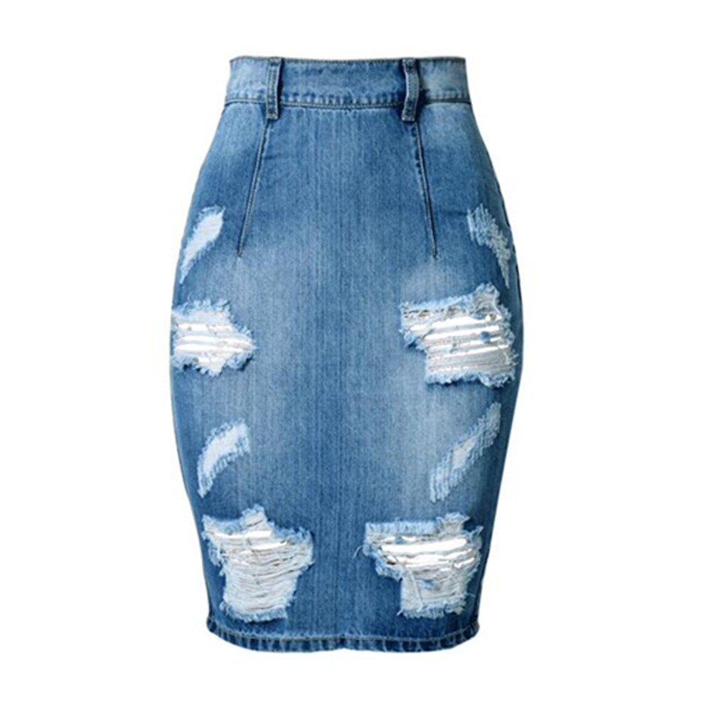 High Waist Denim Summer Knee Length Solid Color Bag Hip Denim Jeans Skirt Pencil Streetwear
