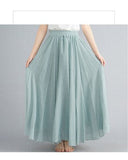 Cotton and Linen Elastic Waist Linen A-line Skirt Long Solid Color Ethnic Dress