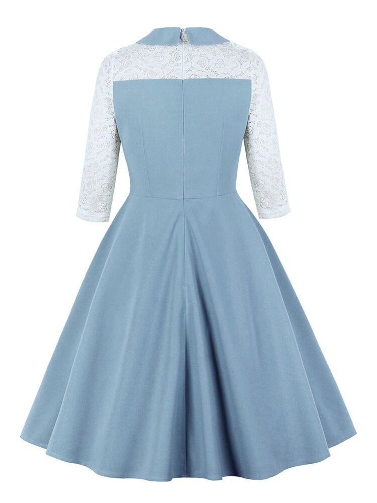 Light Blue Peter Pan Collar A-Line Lace Sleeve Vintage Spring Summer Women Party Elegant Swing Dress