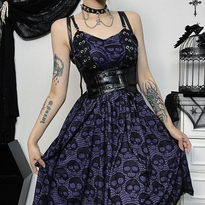 Halloween Dark Gothic Punk Skulls Women Y2k Harajuku Streetwear Mesh Patchwork Spaghetti Strap High Waist Dress