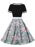 Black and Blue Short Sleeve Rockabilly 50s Floral Dresses Women Vintage Summer Belted Pleated Dress Elegant