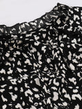 Frill Tie Neck Short Sleeve Black Print Vacation Beach Elegant Long Summer Elastic Waist Midi Casual Dress