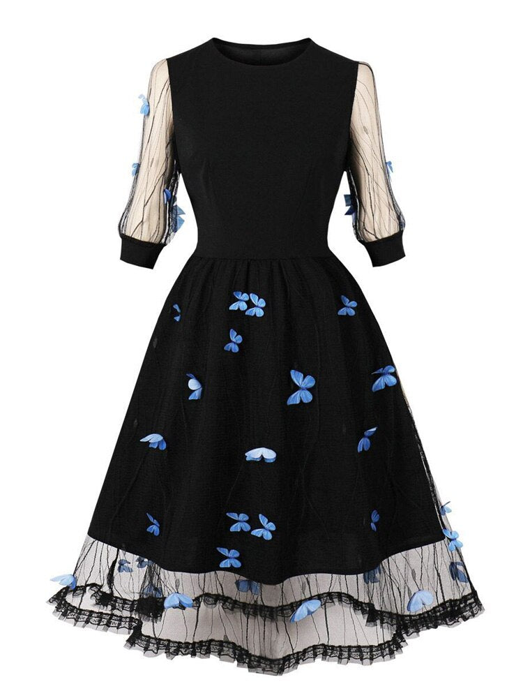 Black Elegant 3D Butterfly Mesh Overlay Vintage Evening Party Women Button Back Gorgeous Dress
