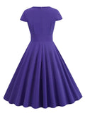O-Neck Hollow Out Front High Waist Solid Vintage Dress Summer Women Cap Sleeve A-Line Midi Swing Dresses