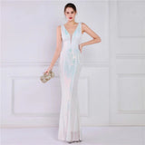 Women Deep V Neck White Sequin Long Prom Evening Dress Sexy Party Maxi Dress