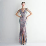 Women Beading Prom Dress V Neck Blue Sequin Evening Dress Sexy Party Maxi Dress