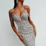 Sexy Strap Beading Sequin Party Bodycon Dress Women Evening Prom Dress