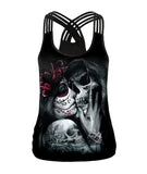 Halloween Hollow Out Women Tank Tops Streetwear Skull Pattern Tops Print Gothic Rose Vest Sleeveless Fitness