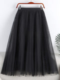 Spring Women Elegant Beading Mesh Midi Skirt Casual Elastic High Waist A Line Skirt
