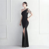 Black One Shoulder Slash Nech Beading Party Maxi Dress Women Sexy Slit Long Prom Evening Dress