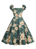 Women Sweetheart Neck Floral Print Vintage Style Summer Dress High Waist Retro Ladies Swing Dresses Party Elegant
