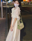 France Elegant White Summer Vintage Party Midi Casual Short Sleeve Korean High Waist Dress
