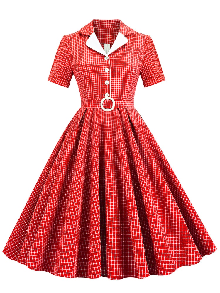 Notched Collar Buttons Belted Vintage Plaid Women Short Sleeve 50s Robe Turquoise Swing Midi Dress