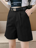 High Waist Casual Women Summer Korean Style Wide Leg Short Pants Solid Color All-match High Street Shorts