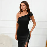 One Shoulder Slash Neck Party Maxi Dress Women Sexy Slit Long Prom Evening Dress