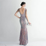 Women Beading Prom Dress V Neck Blue Sequin Evening Dress Sexy Party Maxi Dress