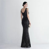 Women Beading Long Prom Deep V Neck Black Sequin Evening Dress Sexy Party Maxi Dress