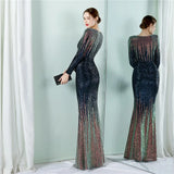 Stretch Navy Sequined Maxi Dress Full Sleeve V Neck Mermaid Evening Night Long Party Prom Dress