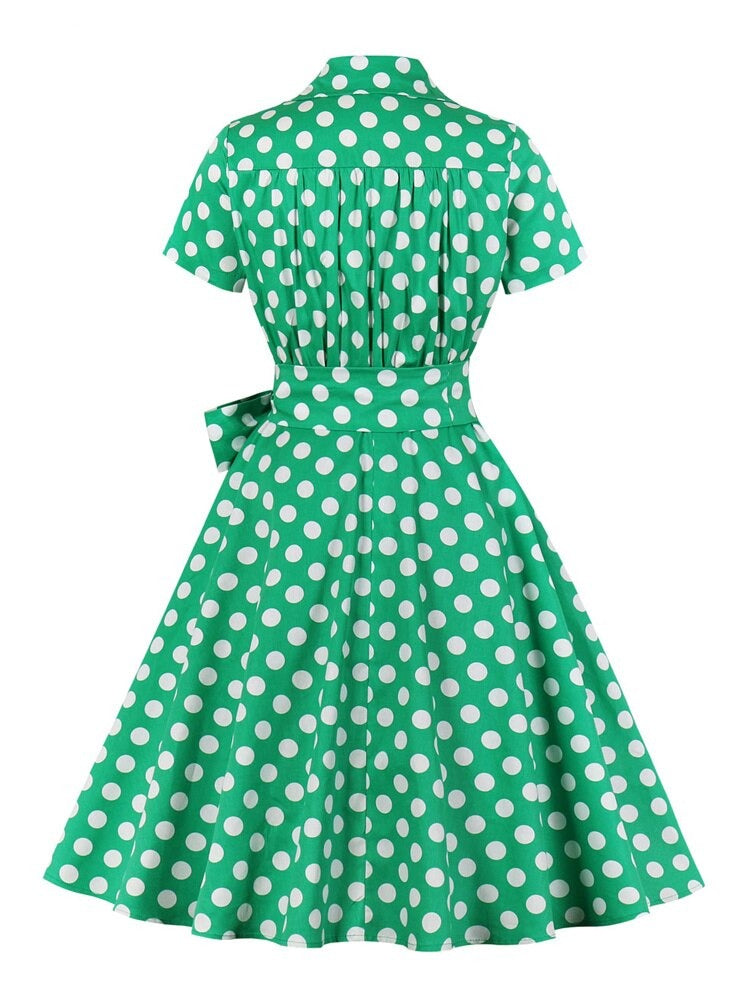 Green Surplice Neck Wrap Belted Vintage Robes Polka Dot Elegant Dress Women Short Sleeve Summer Pin Up Midi Dresses