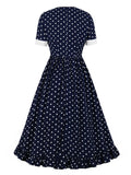 Short Sleeve Polka Dot Vintage 70s Summer High Waist Elegant Women Ruffle Hem Long Midi Dresses