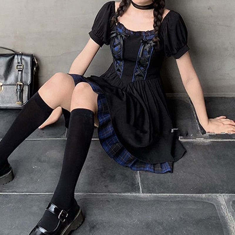 Dark Lolita Gothic Vintage Plaid Mini Dress Aesthetic Punk Hight