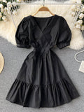 Ruffle Hem Short Puff Sleeve Dress Ladies Crossover V Neck Solid Casual Mini Dress