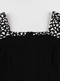 Puff Sleeve Square Neck A Line Vintage Print Summer Women 50s Pinup Black Y2K Casual Slim Dresses