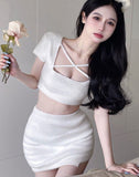 2pcs/set Summer Cross Midriff Sexy Women Korean Wrap Sweet Mini Skirt Set Elastic Skinny Fit Party Suit