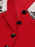 Floral Embroidered Peter Pan Collar Button Up Red Vintage Women Short Sleeve Ruffle Hem Elegant Midi Dress