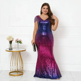 Plus Size Women Black Gold Sequin Beading Evening Dress Elegant V Neck Party Maxi Dress Long Prom Dress