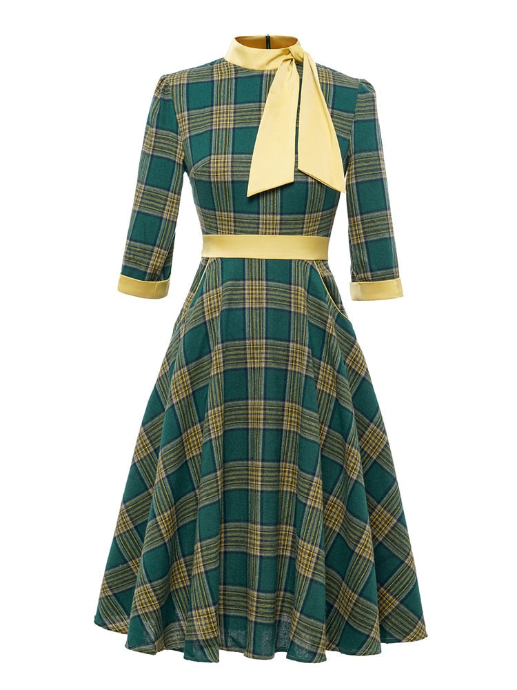Bow Neck Green Plaid 50s Vintage 3/4 Length Sleeve Women Autumn Winter Pocket Side Retro Midi Dress