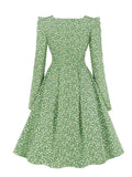 Square Neck Ruched Front Floral Elegant Dress Autumn Clothes for Women Long Puff Sleeve Vintage Green Midi Dresses