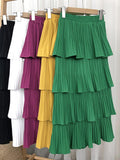 Elastic High Waist Solid Casual Pleated Skirt Elegant Ruffle Tiered Midi Skirt