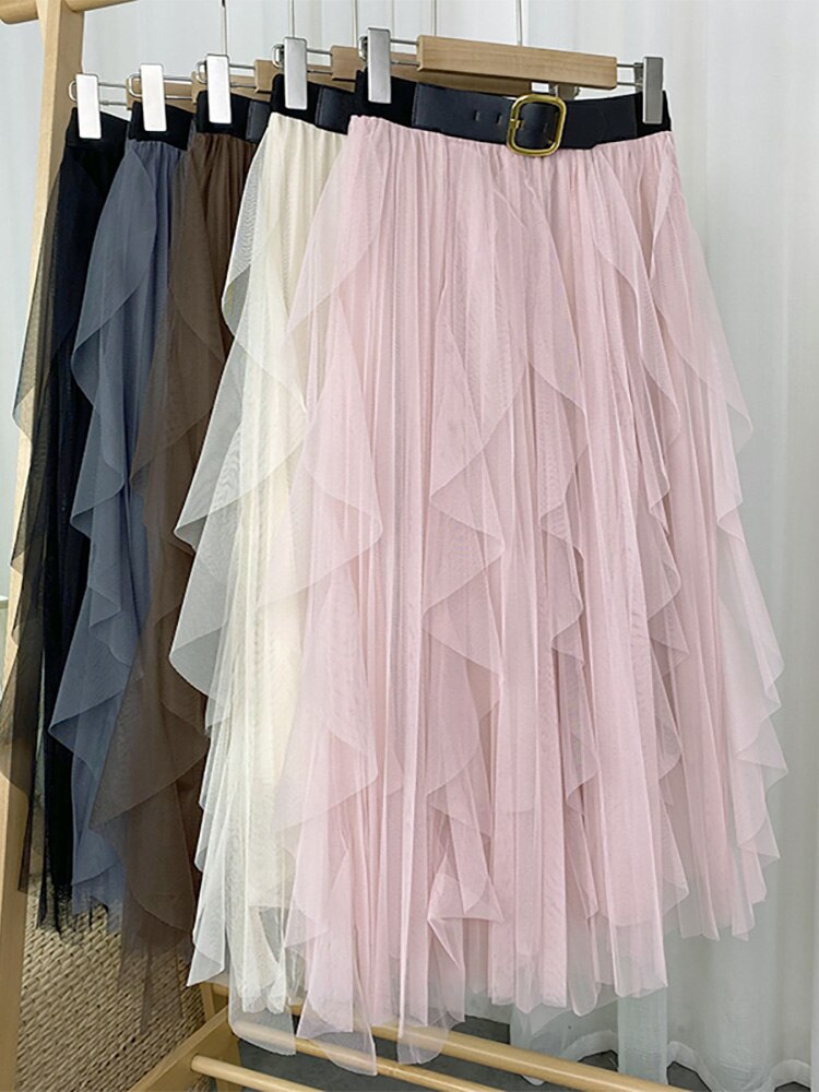 Ruffle Tulle Skirt With Decorative Belt Elastic High Waist Casual Pleated Midi Skirt