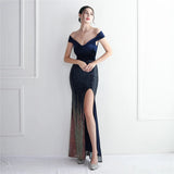 Sexy Slash Neck Velour Evening Dress Women Off Shoulder Slit Sequin Party Maxi Dress