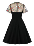 Short Sleeve Contrast Mesh Elegant Women Floral Embroidery Tie Neck Pocket Side Summer Vintage Swing Dress
