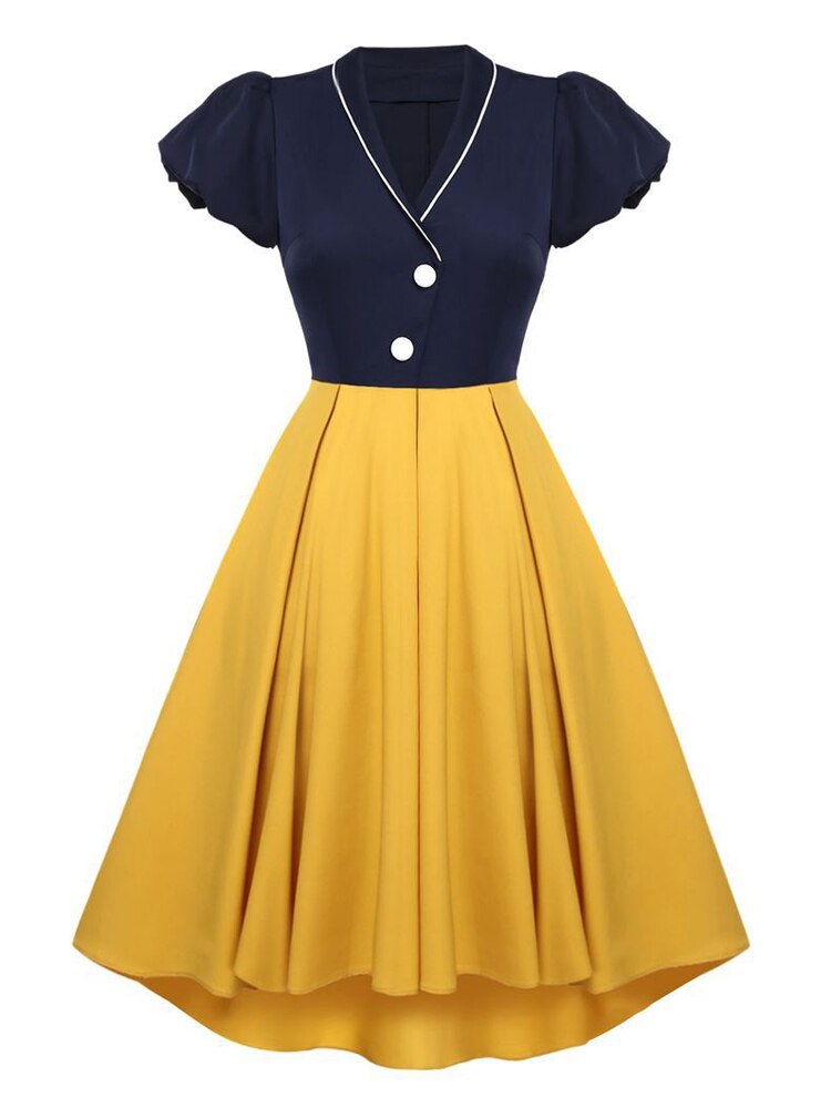 Navy Blue and Yellow Women Elegant V-Neck Button Front Vintage Style High Low Hem A-Line Party Midi Dresses