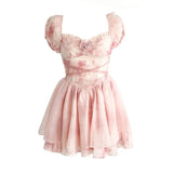 Summer Pink Korean Women French Vintage Evening Party Mini Chiffon Princess Kawaii Dress