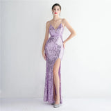 Women Sexy Slit Party Maxi Dress Strap V Neck Evening Dress Pink Sequin Dress Long Prom Dress