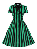 Bow Tie Neck Green Striped Vintage Robe Button Up Elegant Dresses for Women Cotton Retro Clothing Pocket Summer Dress