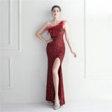 Sexy Slit Feater Evening Dress Women Slash Neck Sequin Party Maxi Dress Long Prom Dress