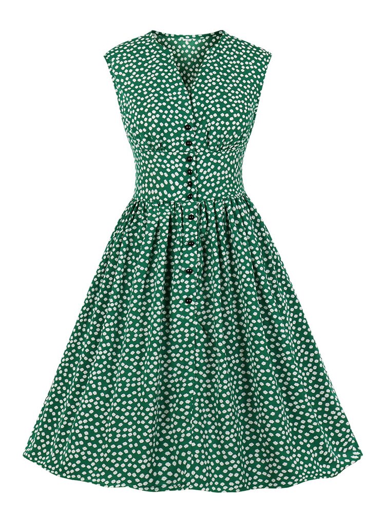 Single Breasted Little Flower High Waist Vintage Pinup Corset Dress Elegant for Women Floral Pleated Summer Dresses