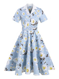 Notched Collar Daisy Elegant Women 1950s Vintage Belted Midi Dress Short Sleeve Button Front Floral Cotton Swing Dresses