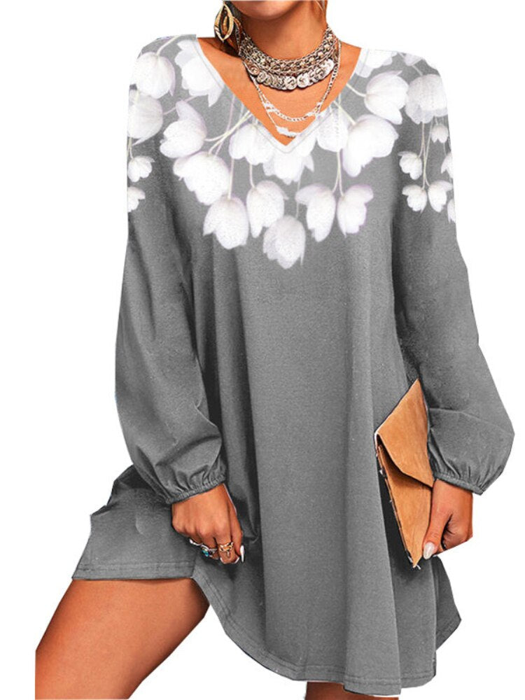 Printed Sexy Knitted Women Long Sleeve V-neck Shirt Dress