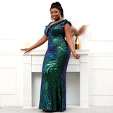 Plus Size Slash Neck Ruffles Green Sequin Evening Dress Elegant Party Maxi Dress Women Long Prom Dress