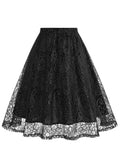 Retro Elastic Waist Green Solid Lace Overlay Pleated Skirt for Women Vintage Style Midi Skirts Elegant