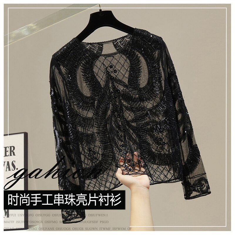Vintage Sequined Bead Straight O-neck Long Sleeve Slim Casual Daily Wear Women T Shirt